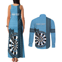 Personalised Fiji Darts Couples Matching Tank Maxi Dress and Long Sleeve Button Shirt Fijian Tapa Pattern - Blue LT14 - Polynesian Pride