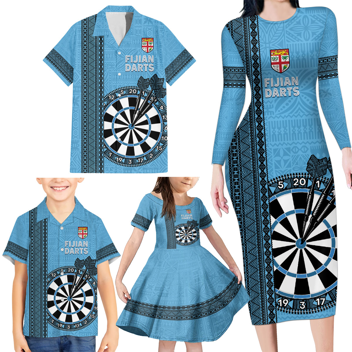 Personalised Fiji Darts Family Matching Long Sleeve Bodycon Dress and Hawaiian Shirt Fijian Tapa Pattern - Blue LT14 - Polynesian Pride