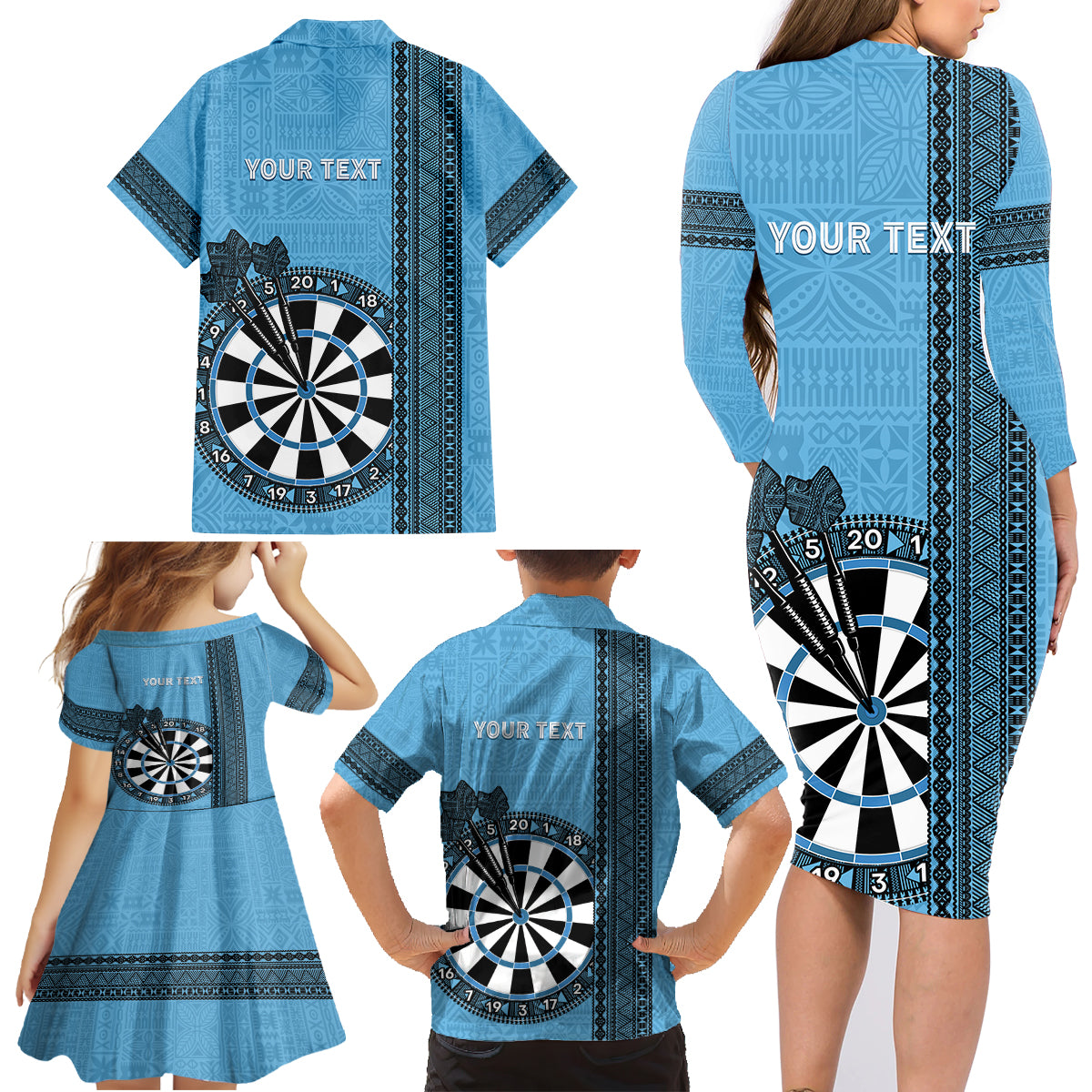 Personalised Fiji Darts Family Matching Long Sleeve Bodycon Dress and Hawaiian Shirt Fijian Tapa Pattern - Blue LT14 - Polynesian Pride