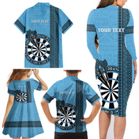 Personalised Fiji Darts Family Matching Long Sleeve Bodycon Dress and Hawaiian Shirt Fijian Tapa Pattern - Blue LT14 - Polynesian Pride