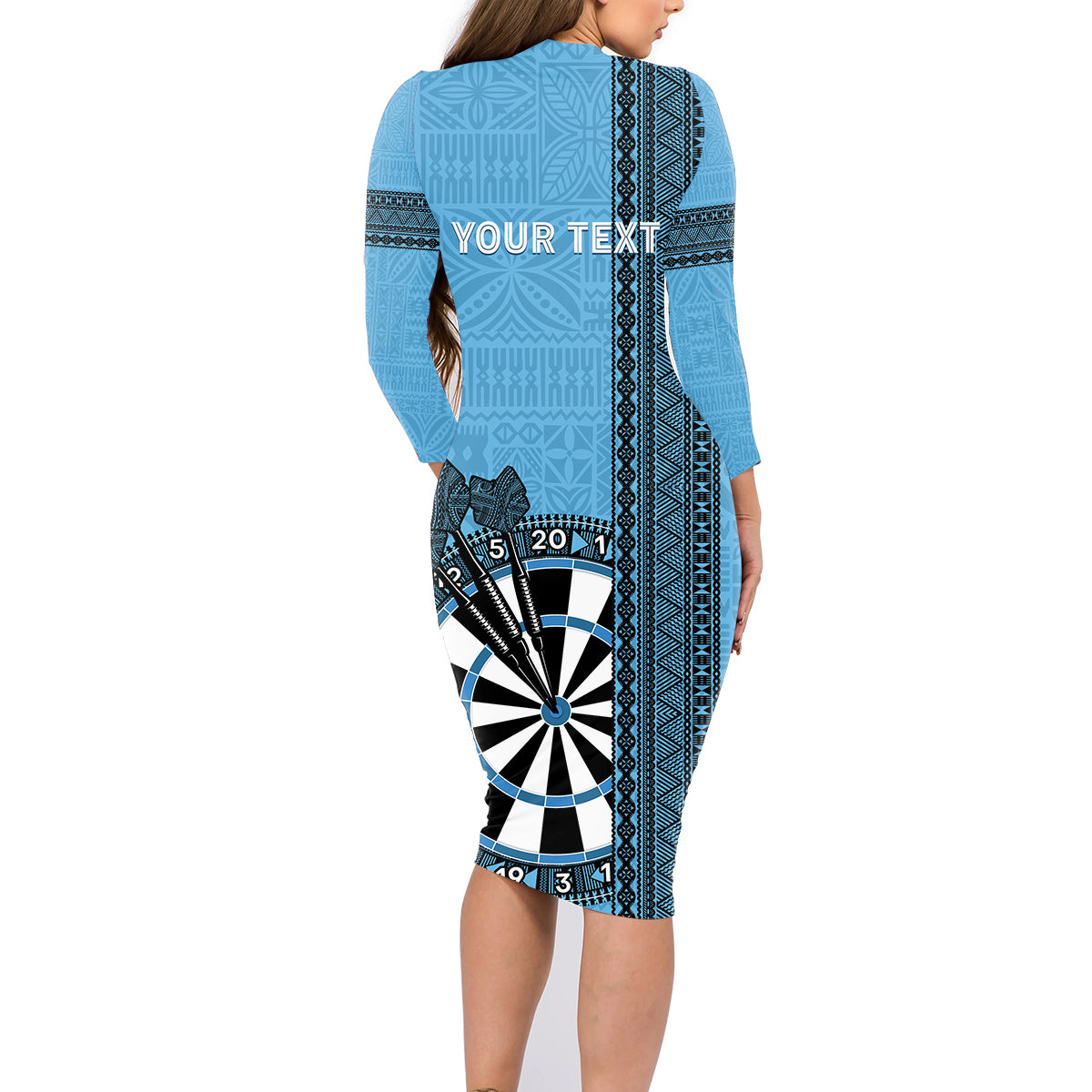 Personalised Fiji Darts Family Matching Long Sleeve Bodycon Dress and Hawaiian Shirt Fijian Tapa Pattern - Blue LT14 - Polynesian Pride