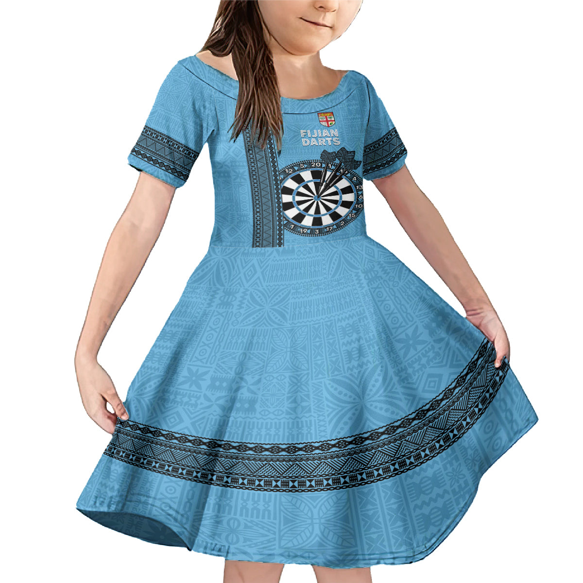 Personalised Fiji Darts Family Matching Mermaid Dress and Hawaiian Shirt Fijian Tapa Pattern - Blue LT14 Daughter's Dress Blue - Polynesian Pride