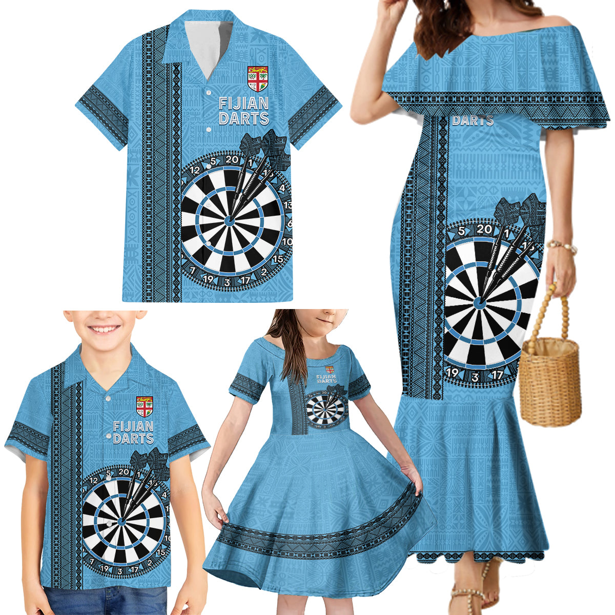Personalised Fiji Darts Family Matching Mermaid Dress and Hawaiian Shirt Fijian Tapa Pattern - Blue LT14 - Polynesian Pride