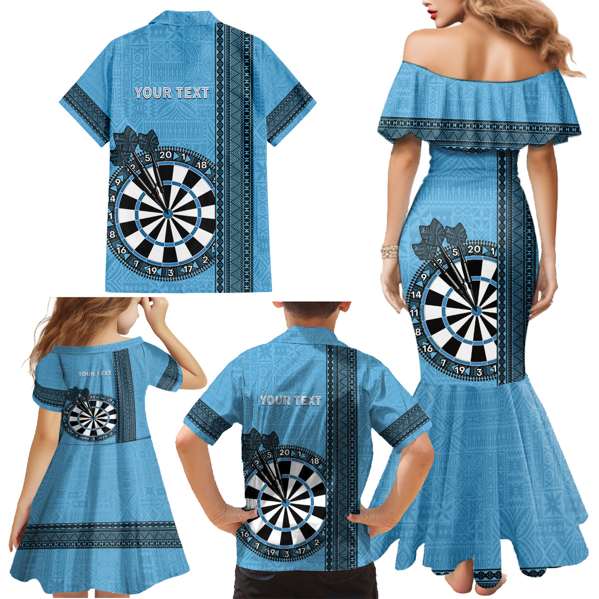 Personalised Fiji Darts Family Matching Mermaid Dress and Hawaiian Shirt Fijian Tapa Pattern - Blue LT14 - Polynesian Pride