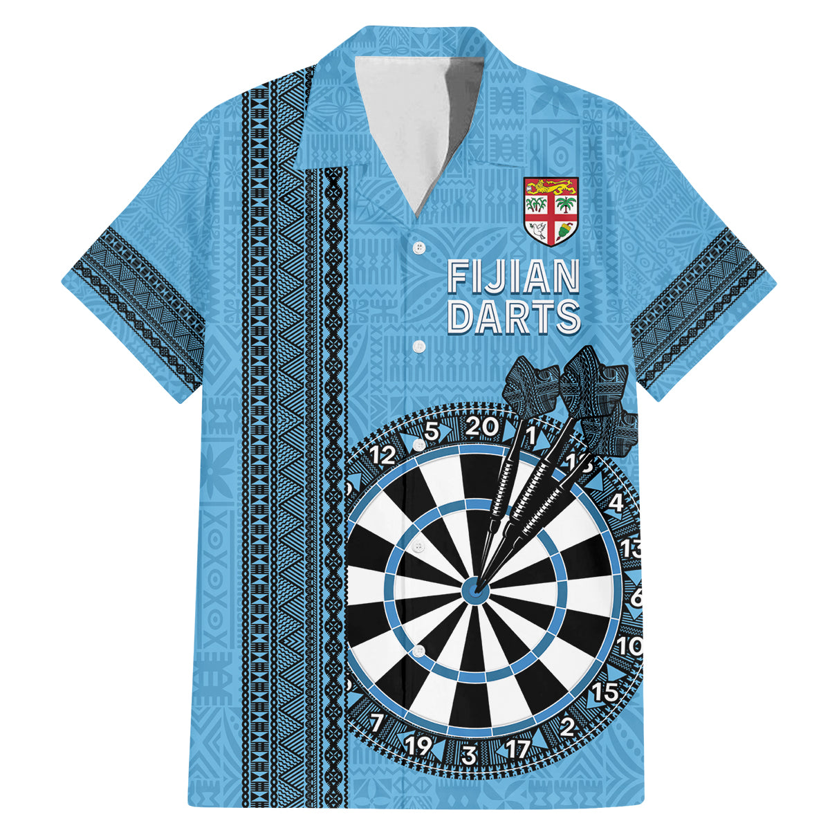 Personalised Fiji Darts Family Matching Mermaid Dress and Hawaiian Shirt Fijian Tapa Pattern - Blue LT14 Dad's Shirt - Short Sleeve Blue - Polynesian Pride