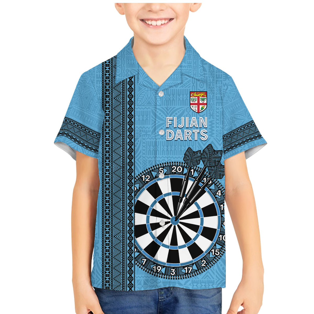 Personalised Fiji Darts Family Matching Mermaid Dress and Hawaiian Shirt Fijian Tapa Pattern - Blue LT14 Son's Shirt Blue - Polynesian Pride