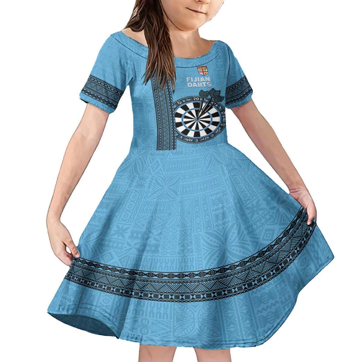 Personalised Fiji Darts Family Matching Off The Shoulder Long Sleeve Dress and Hawaiian Shirt Fijian Tapa Pattern - Blue LT14 Daughter's Dress Blue - Polynesian Pride