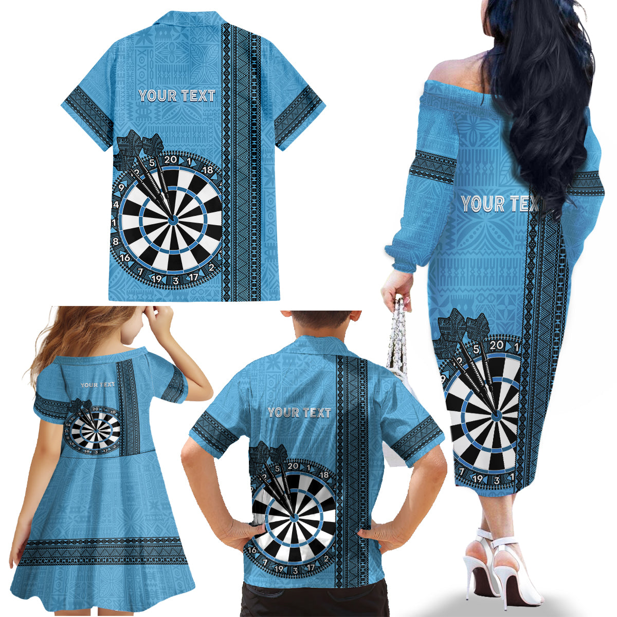 Personalised Fiji Darts Family Matching Off The Shoulder Long Sleeve Dress and Hawaiian Shirt Fijian Tapa Pattern - Blue LT14 - Polynesian Pride