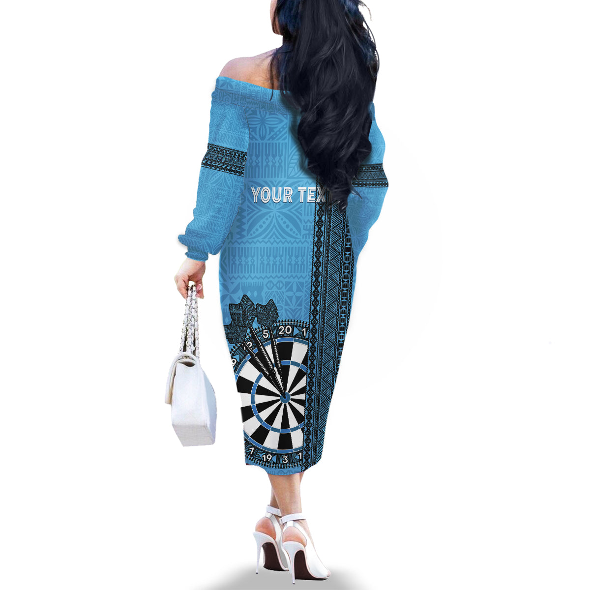 Personalised Fiji Darts Family Matching Off The Shoulder Long Sleeve Dress and Hawaiian Shirt Fijian Tapa Pattern - Blue LT14 - Polynesian Pride