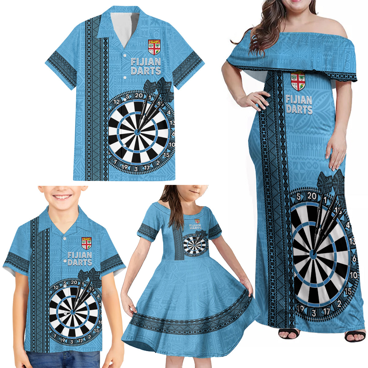 Personalised Fiji Darts Family Matching Off Shoulder Maxi Dress and Hawaiian Shirt Fijian Tapa Pattern - Blue LT14 - Polynesian Pride