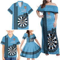 Personalised Fiji Darts Family Matching Off Shoulder Maxi Dress and Hawaiian Shirt Fijian Tapa Pattern - Blue LT14 - Polynesian Pride