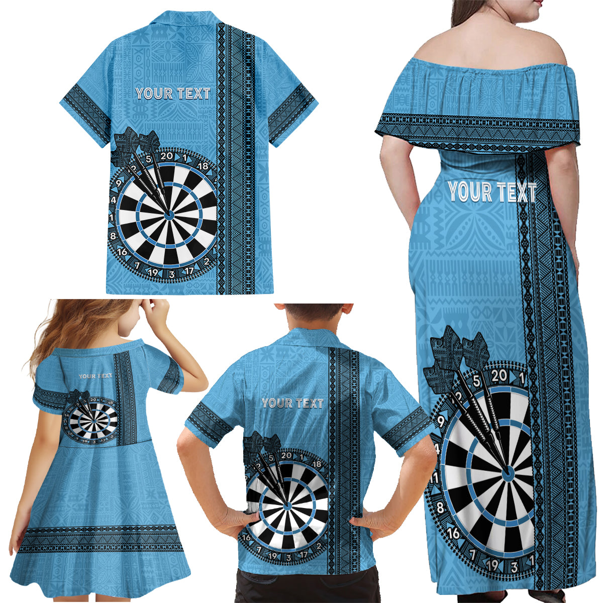 Personalised Fiji Darts Family Matching Off Shoulder Maxi Dress and Hawaiian Shirt Fijian Tapa Pattern - Blue LT14 - Polynesian Pride