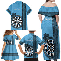 Personalised Fiji Darts Family Matching Off Shoulder Maxi Dress and Hawaiian Shirt Fijian Tapa Pattern - Blue LT14 - Polynesian Pride