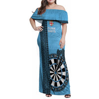 Personalised Fiji Darts Family Matching Off Shoulder Maxi Dress and Hawaiian Shirt Fijian Tapa Pattern - Blue LT14 Mom's Dress Blue - Polynesian Pride