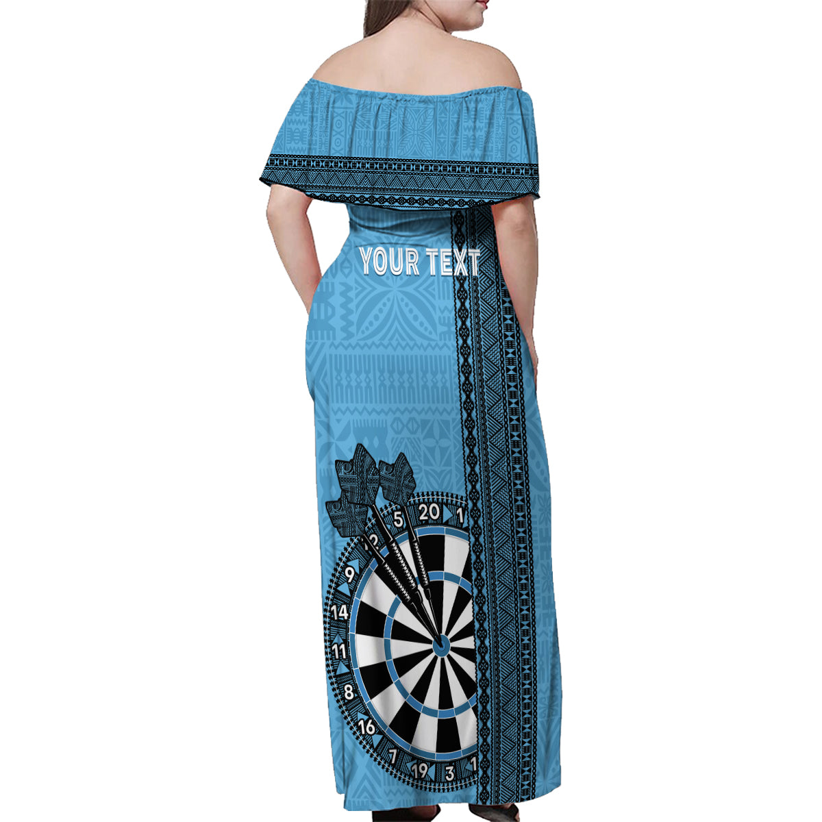 Personalised Fiji Darts Family Matching Off Shoulder Maxi Dress and Hawaiian Shirt Fijian Tapa Pattern - Blue LT14 - Polynesian Pride