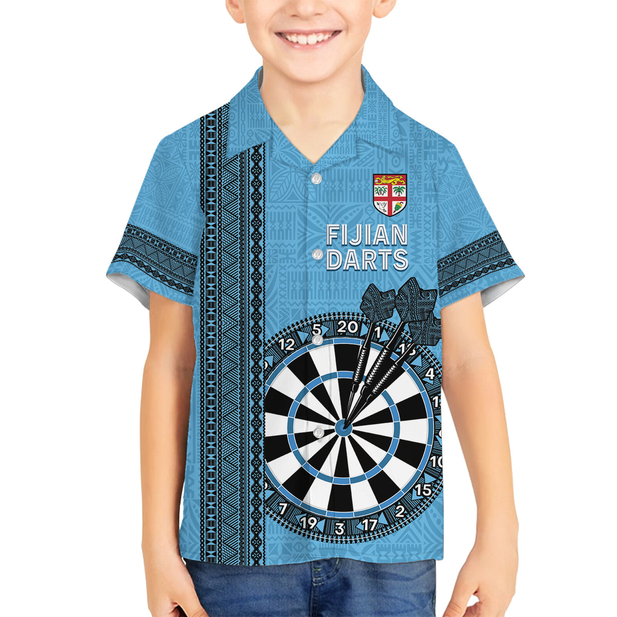 Personalised Fiji Darts Family Matching Off Shoulder Maxi Dress and Hawaiian Shirt Fijian Tapa Pattern - Blue LT14 Son's Shirt Blue - Polynesian Pride