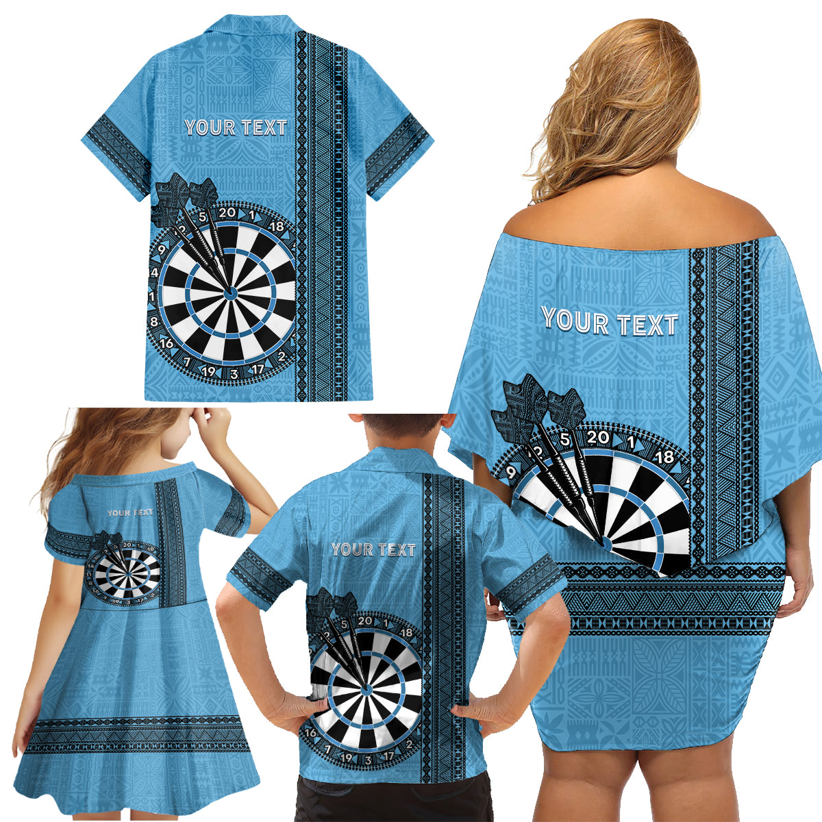Personalised Fiji Darts Family Matching Off Shoulder Short Dress and Hawaiian Shirt Fijian Tapa Pattern - Blue LT14 - Polynesian Pride