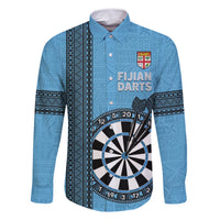 Personalised Fiji Darts Family Matching Off Shoulder Short Dress and Hawaiian Shirt Fijian Tapa Pattern - Blue LT14 Dad's Shirt - Long Sleeve Blue - Polynesian Pride