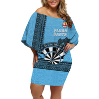 Personalised Fiji Darts Family Matching Off Shoulder Short Dress and Hawaiian Shirt Fijian Tapa Pattern - Blue LT14 Mom's Dress Blue - Polynesian Pride