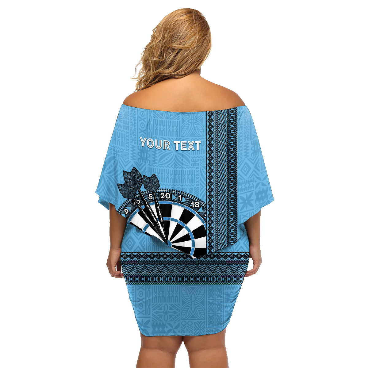 Personalised Fiji Darts Family Matching Off Shoulder Short Dress and Hawaiian Shirt Fijian Tapa Pattern - Blue LT14 - Polynesian Pride