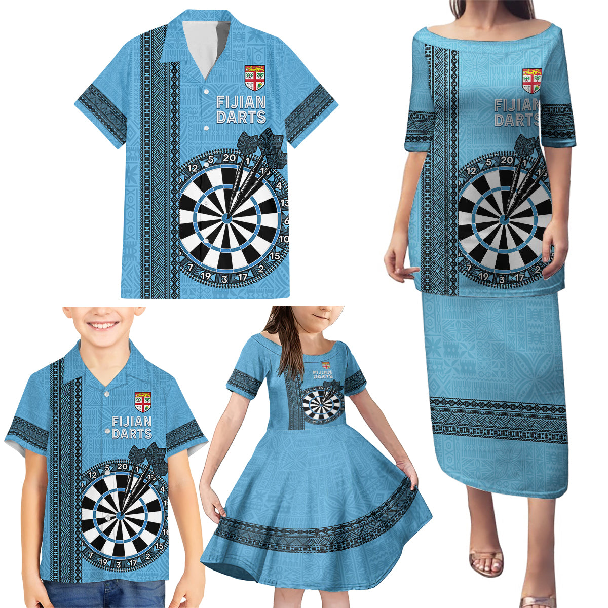 Personalised Fiji Darts Family Matching Puletasi and Hawaiian Shirt Fijian Tapa Pattern - Blue LT14 - Polynesian Pride