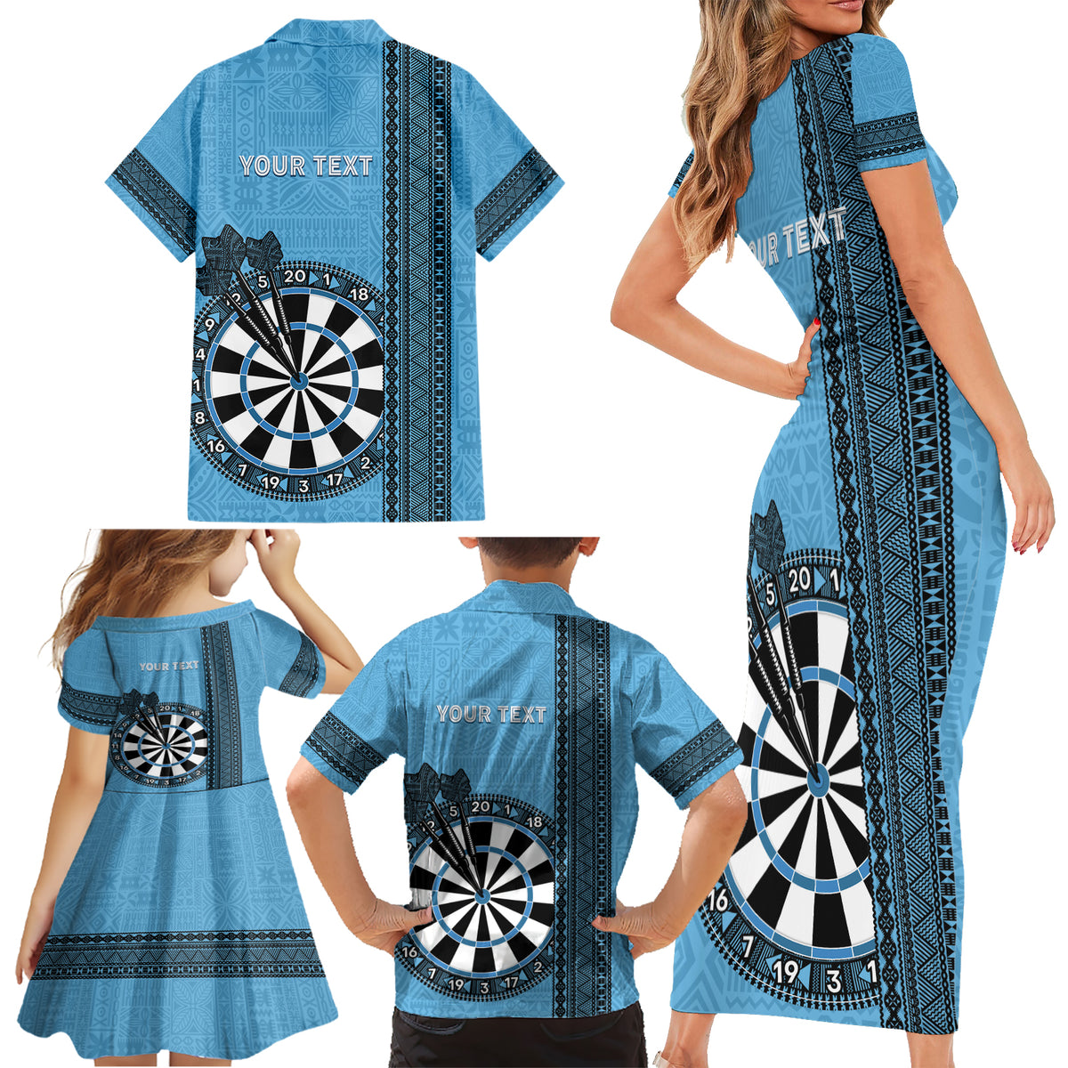 Personalised Fiji Darts Family Matching Short Sleeve Bodycon Dress and Hawaiian Shirt Fijian Tapa Pattern - Blue LT14 - Polynesian Pride