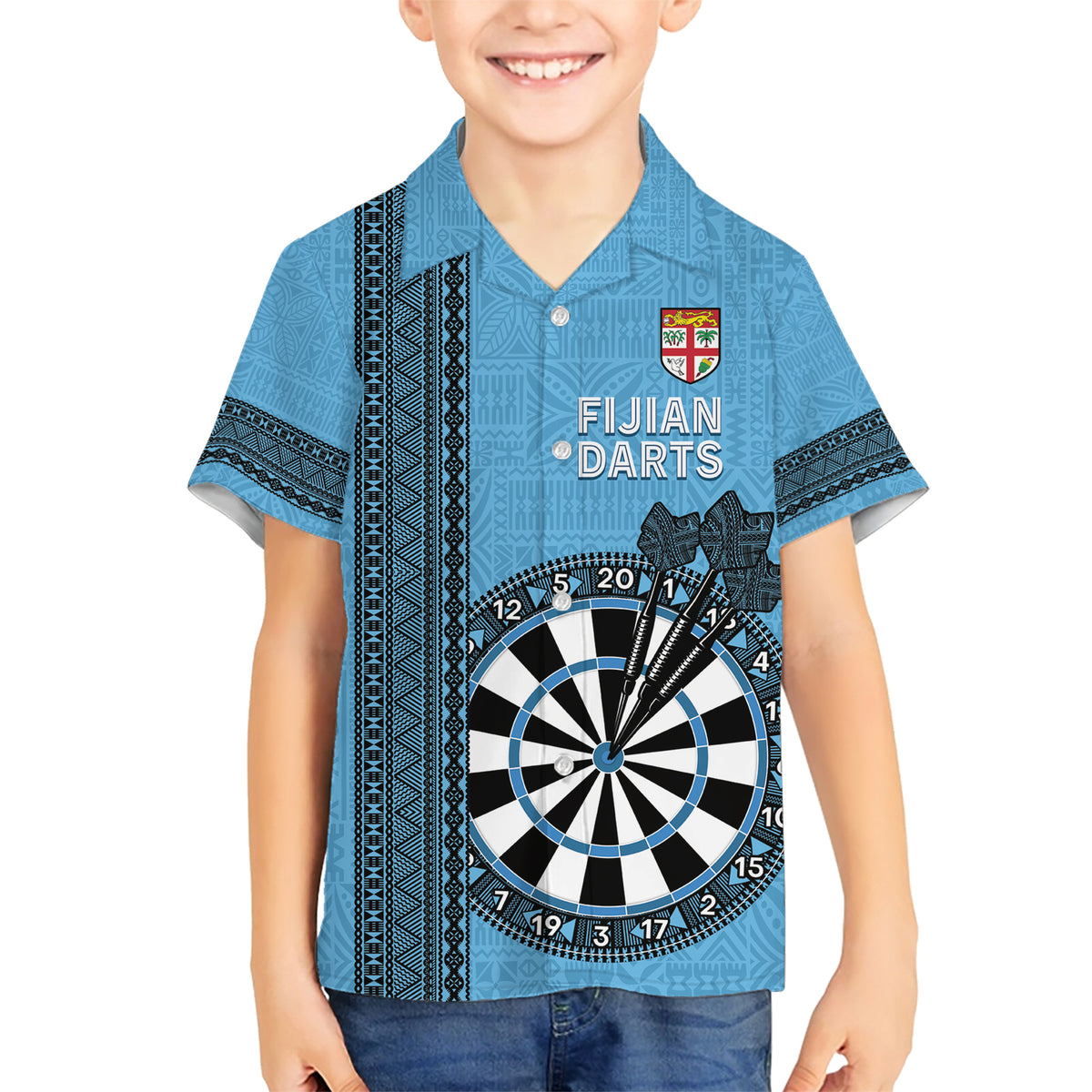 Personalised Fiji Darts Family Matching Short Sleeve Bodycon Dress and Hawaiian Shirt Fijian Tapa Pattern - Blue LT14 Son's Shirt Blue - Polynesian Pride