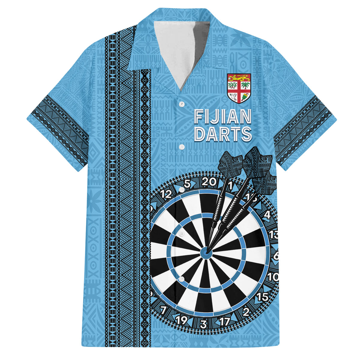 Personalised Fiji Darts Family Matching Summer Maxi Dress and Hawaiian Shirt Fijian Tapa Pattern - Blue LT14 Dad's Shirt - Short Sleeve Blue - Polynesian Pride