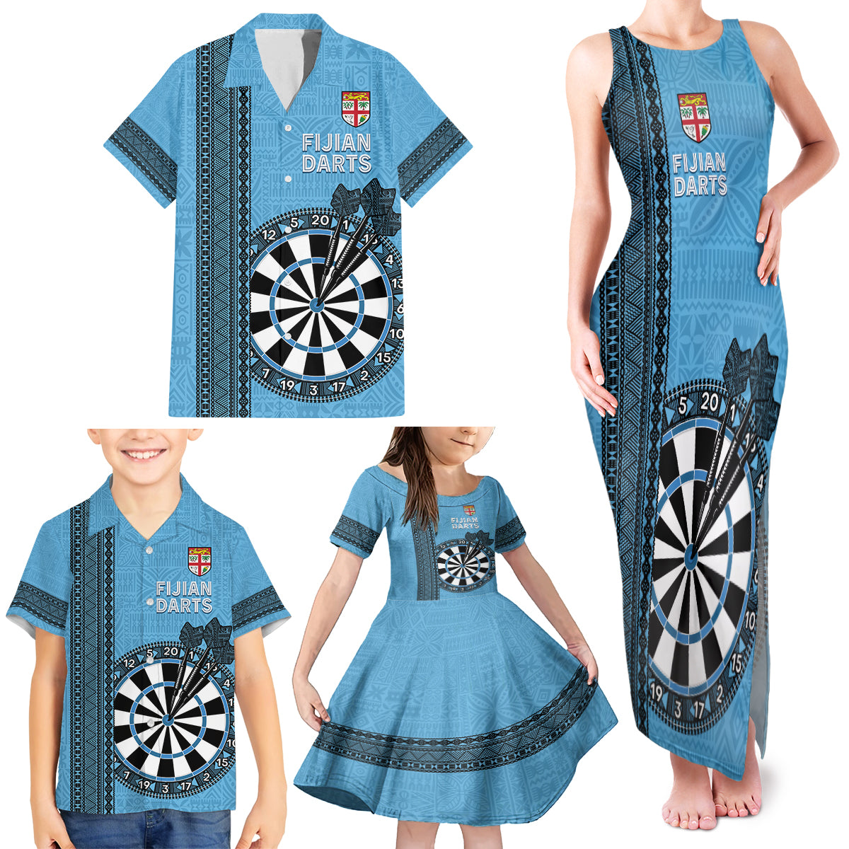 Personalised Fiji Darts Family Matching Tank Maxi Dress and Hawaiian Shirt Fijian Tapa Pattern - Blue LT14 - Polynesian Pride