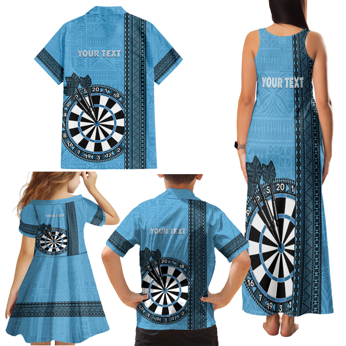 Personalised Fiji Darts Family Matching Tank Maxi Dress and Hawaiian Shirt Fijian Tapa Pattern - Blue LT14 - Polynesian Pride