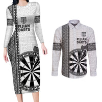 Personalised Fiji Darts Couples Matching Long Sleeve Bodycon Dress and Long Sleeve Button Shirt Fijian Tapa Pattern - White LT14 White - Polynesian Pride
