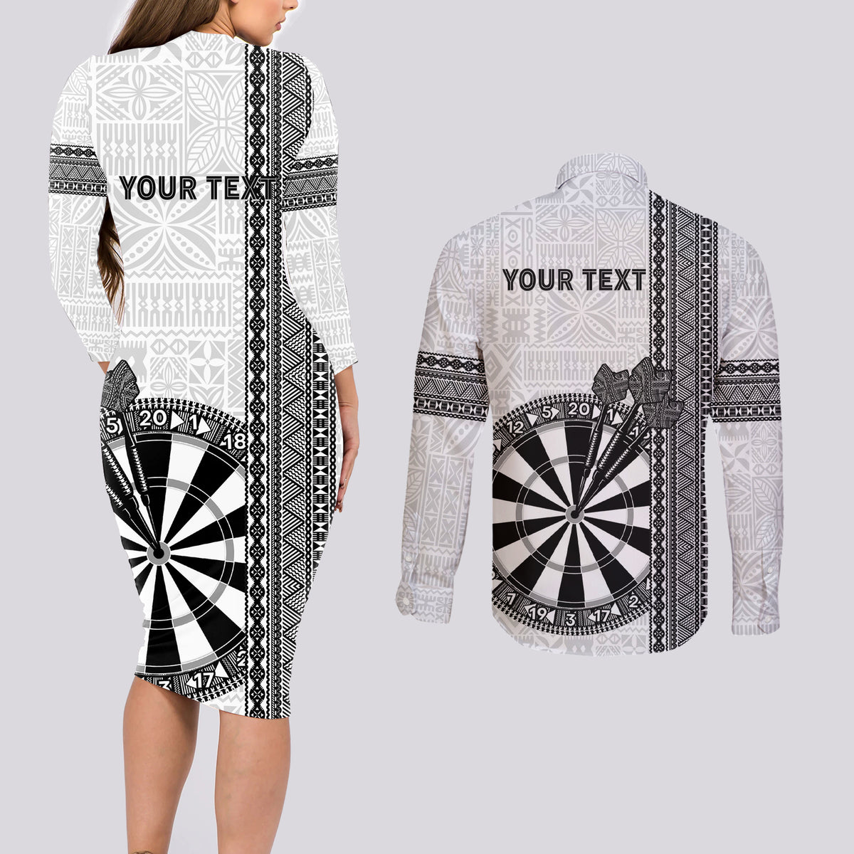 Personalised Fiji Darts Couples Matching Long Sleeve Bodycon Dress and Long Sleeve Button Shirt Fijian Tapa Pattern - White LT14 - Polynesian Pride