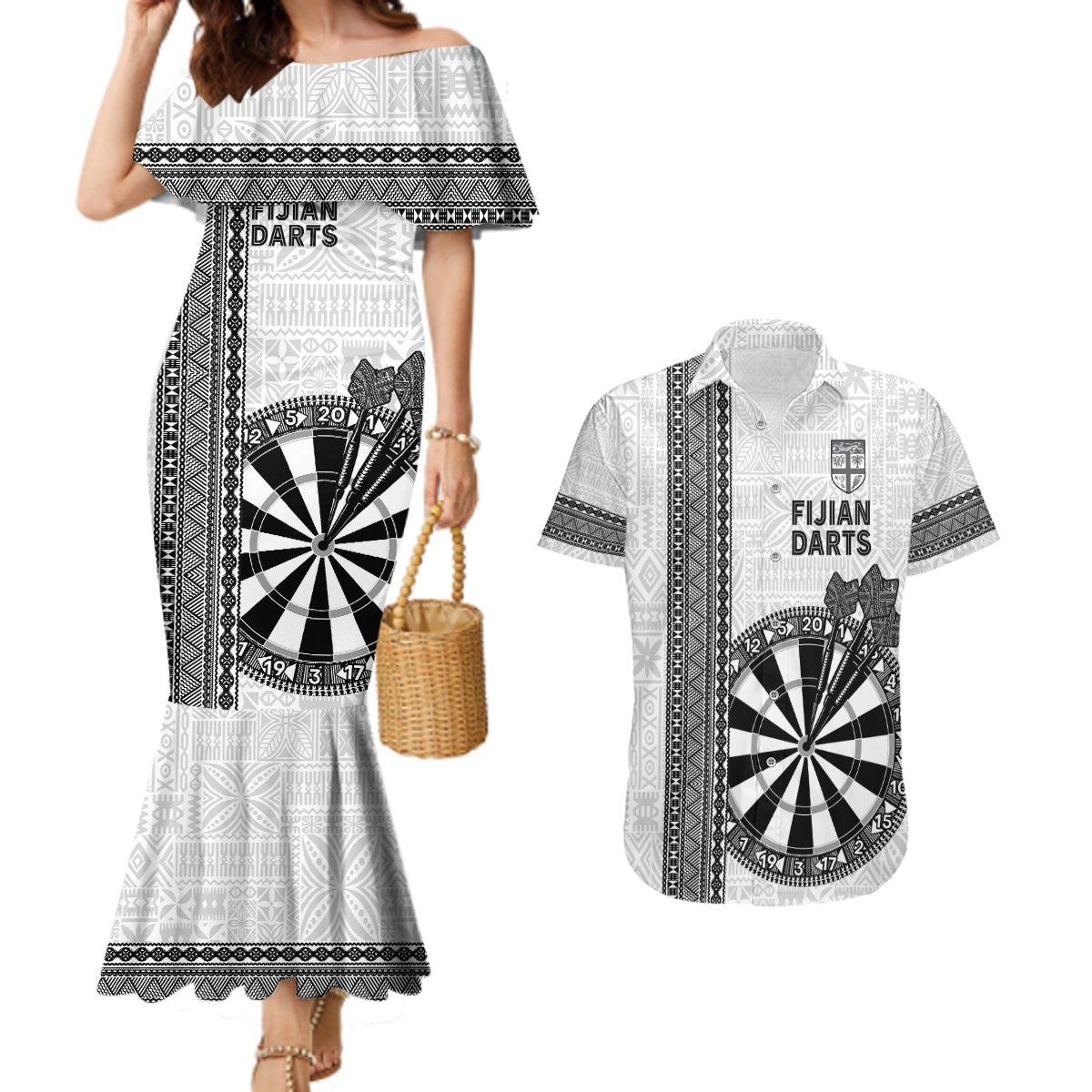 Personalised Fiji Darts Couples Matching Mermaid Dress and Hawaiian Shirt Fijian Tapa Pattern - White LT14 White - Polynesian Pride