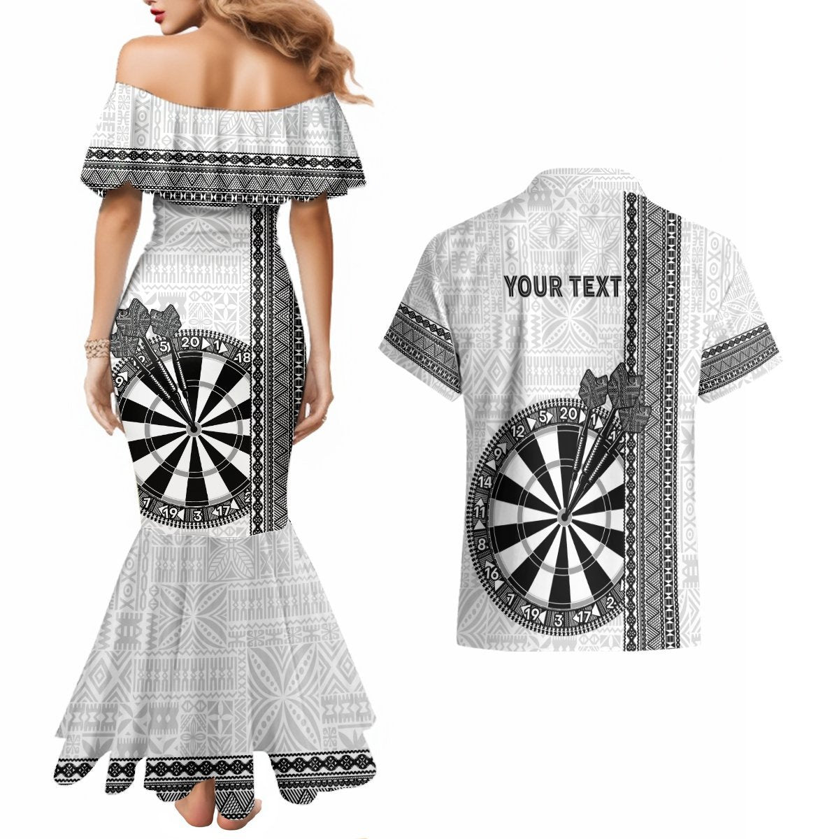 Personalised Fiji Darts Couples Matching Mermaid Dress and Hawaiian Shirt Fijian Tapa Pattern - White LT14 - Polynesian Pride