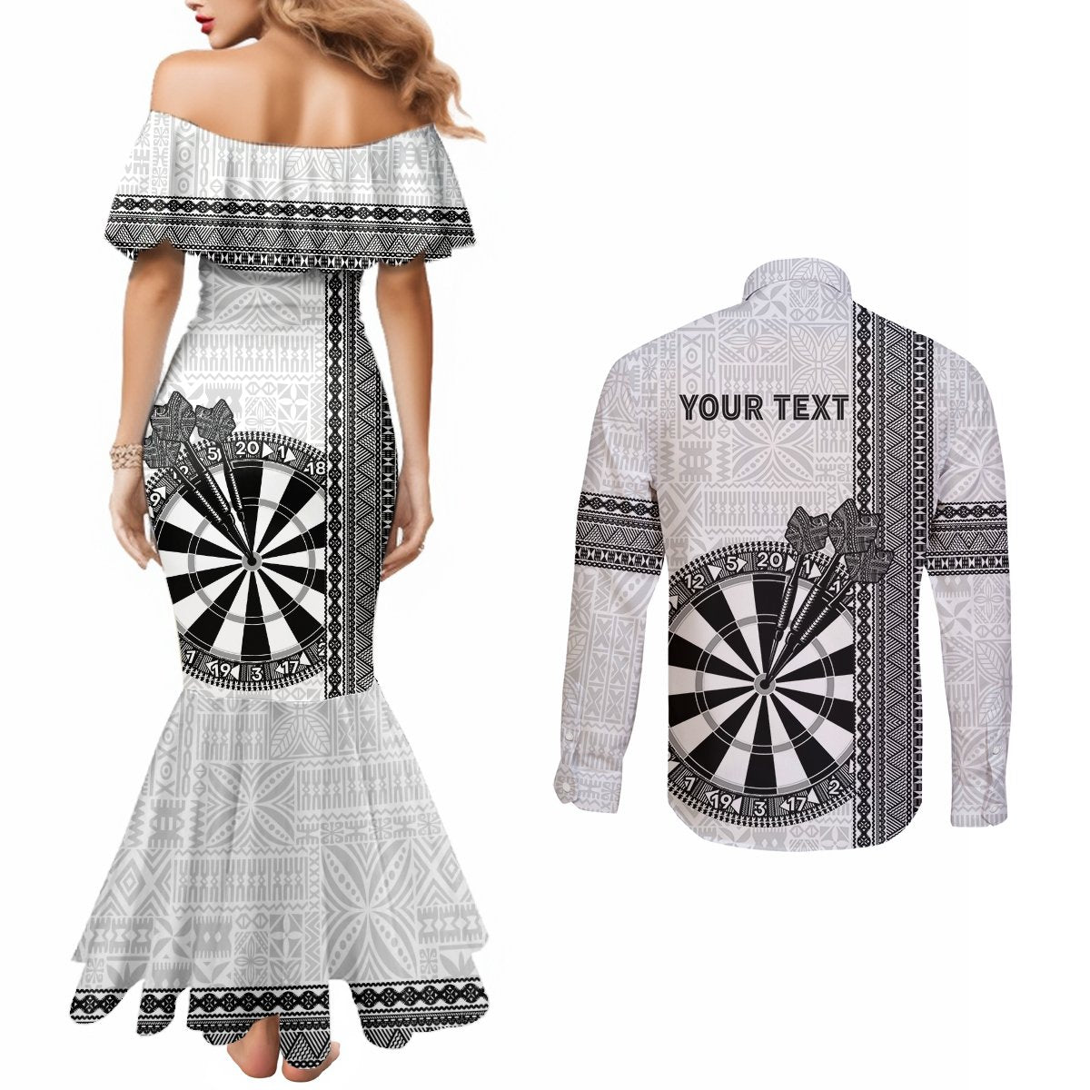 Personalised Fiji Darts Couples Matching Mermaid Dress and Long Sleeve Button Shirt Fijian Tapa Pattern - White LT14 - Polynesian Pride