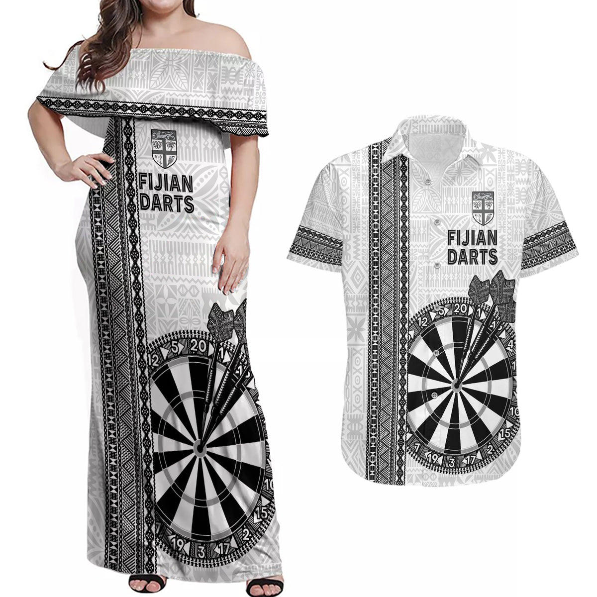 Personalised Fiji Darts Couples Matching Off Shoulder Maxi Dress and Hawaiian Shirt Fijian Tapa Pattern - White LT14 White - Polynesian Pride
