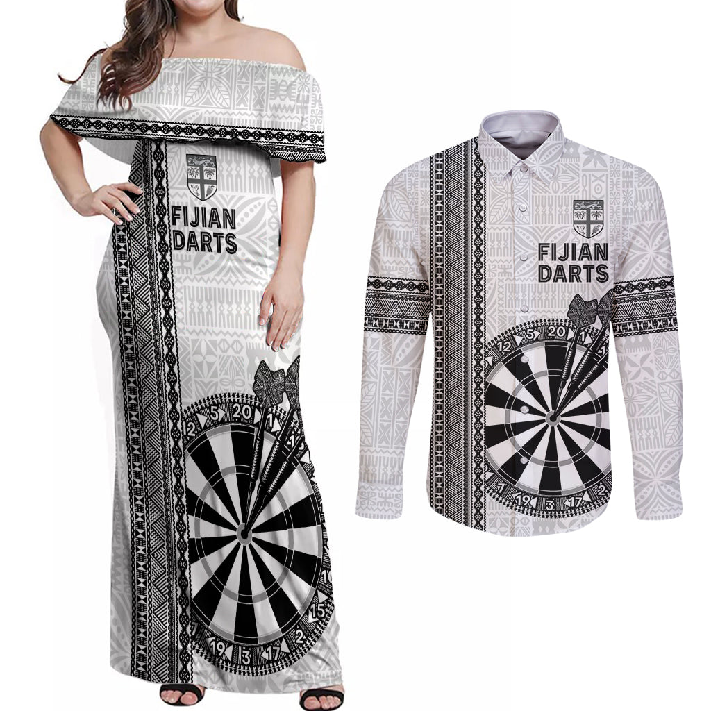 Personalised Fiji Darts Couples Matching Off Shoulder Maxi Dress and Long Sleeve Button Shirt Fijian Tapa Pattern - White LT14 White - Polynesian Pride