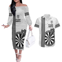 Personalised Fiji Darts Couples Matching Off The Shoulder Long Sleeve Dress and Hawaiian Shirt Fijian Tapa Pattern - White LT14 White - Polynesian Pride