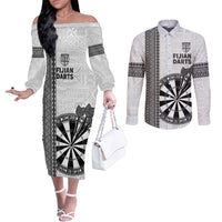 Personalised Fiji Darts Couples Matching Off The Shoulder Long Sleeve Dress and Long Sleeve Button Shirt Fijian Tapa Pattern - White LT14 White - Polynesian Pride