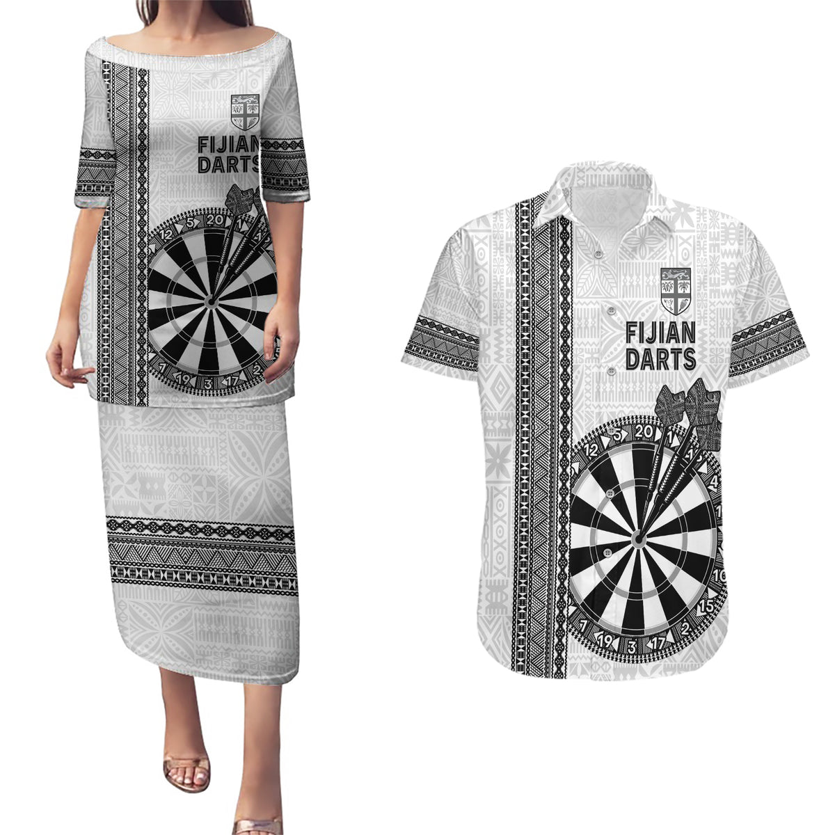 Personalised Fiji Darts Couples Matching Puletasi and Hawaiian Shirt Fijian Tapa Pattern - White LT14 White - Polynesian Pride