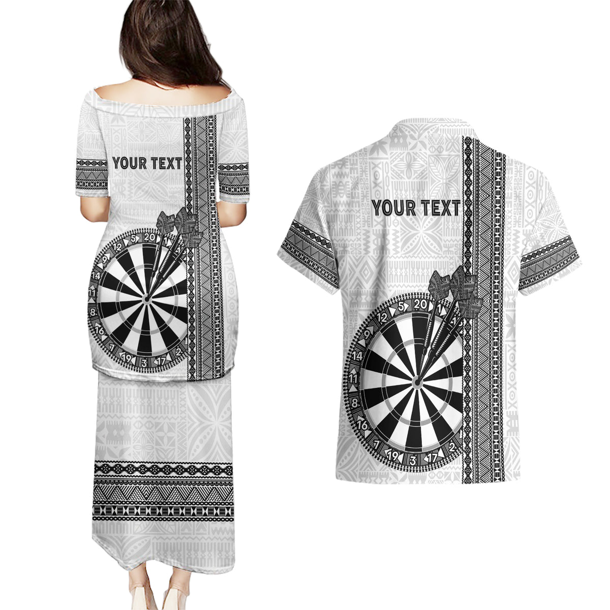 Personalised Fiji Darts Couples Matching Puletasi and Hawaiian Shirt Fijian Tapa Pattern - White LT14 - Polynesian Pride