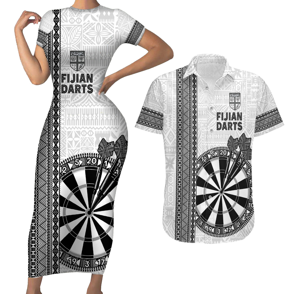 Personalised Fiji Darts Couples Matching Short Sleeve Bodycon Dress and Hawaiian Shirt Fijian Tapa Pattern - White LT14 White - Polynesian Pride