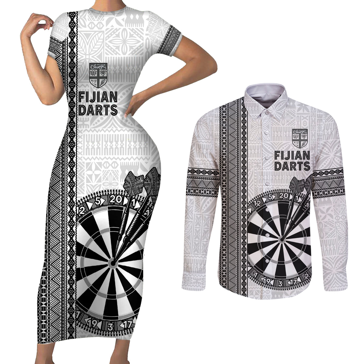 Personalised Fiji Darts Couples Matching Short Sleeve Bodycon Dress and Long Sleeve Button Shirt Fijian Tapa Pattern - White LT14 White - Polynesian Pride