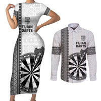 Personalised Fiji Darts Couples Matching Short Sleeve Bodycon Dress and Long Sleeve Button Shirt Fijian Tapa Pattern - White LT14 White - Polynesian Pride