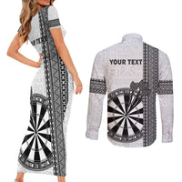 Personalised Fiji Darts Couples Matching Short Sleeve Bodycon Dress and Long Sleeve Button Shirt Fijian Tapa Pattern - White LT14 - Polynesian Pride