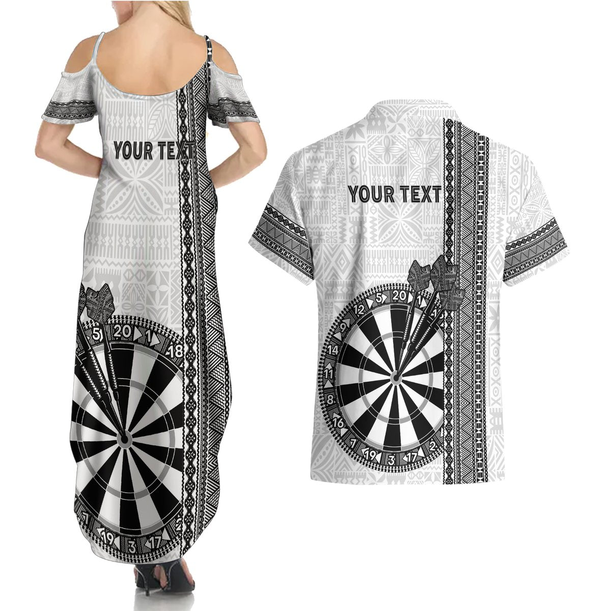 Personalised Fiji Darts Couples Matching Summer Maxi Dress and Hawaiian Shirt Fijian Tapa Pattern - White LT14 - Polynesian Pride