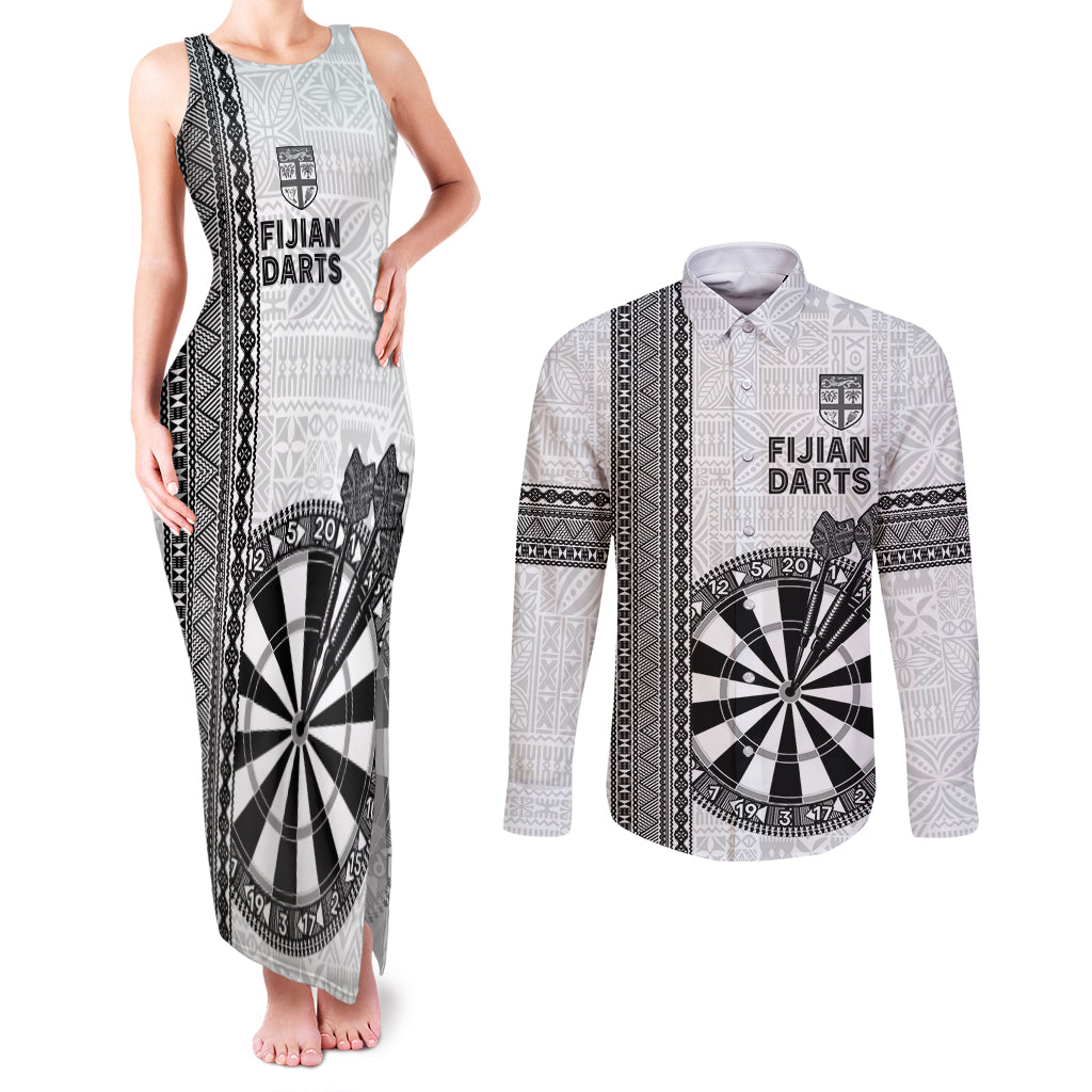 Personalised Fiji Darts Couples Matching Tank Maxi Dress and Long Sleeve Button Shirt Fijian Tapa Pattern - White LT14 White - Polynesian Pride