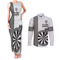 Personalised Fiji Darts Couples Matching Tank Maxi Dress and Long Sleeve Button Shirt Fijian Tapa Pattern - White LT14 White - Polynesian Pride
