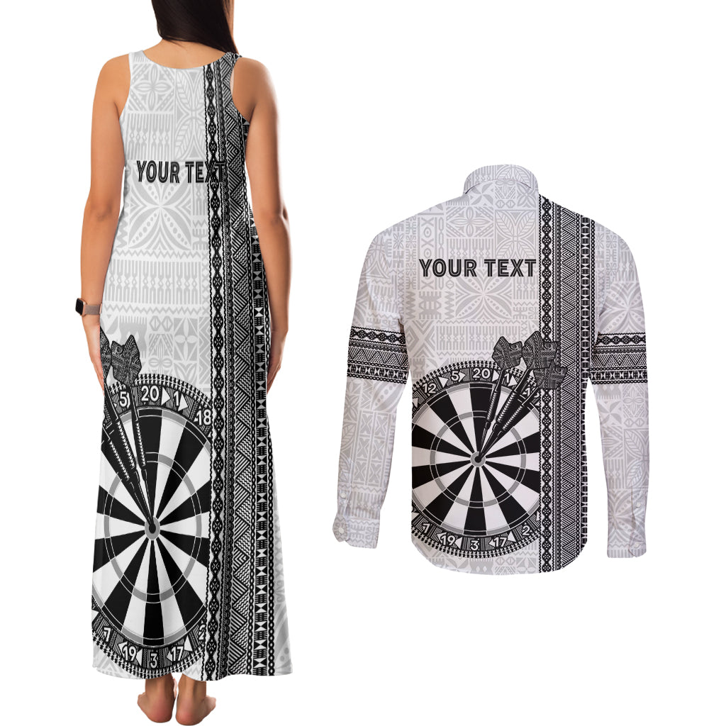 Personalised Fiji Darts Couples Matching Tank Maxi Dress and Long Sleeve Button Shirt Fijian Tapa Pattern - White LT14 - Polynesian Pride