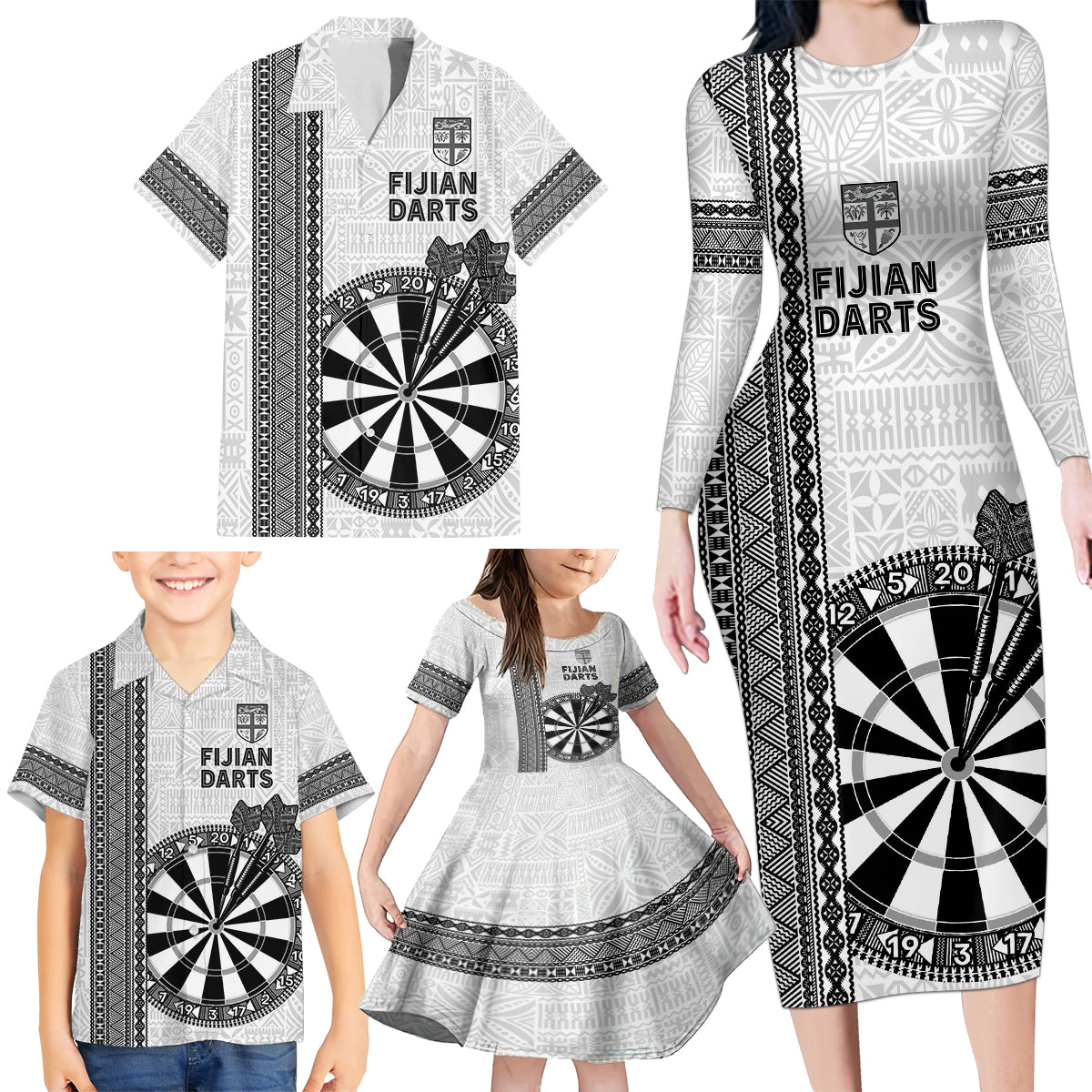 Personalised Fiji Darts Family Matching Long Sleeve Bodycon Dress and Hawaiian Shirt Fijian Tapa Pattern - White LT14 - Polynesian Pride